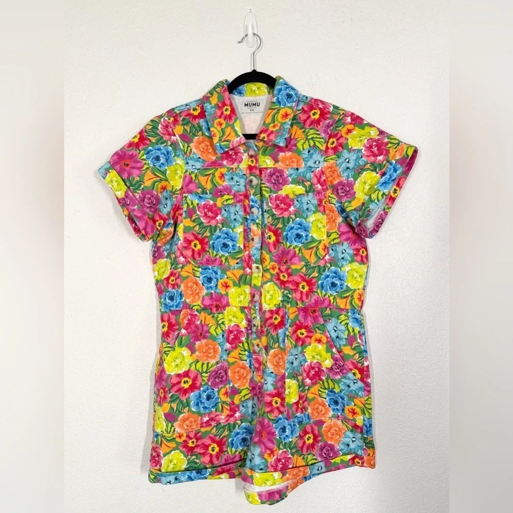 Show Me Your Mumu Cannon Denim Cotton Romper Bright Floral Soiree XXL - Picture 2 of 6